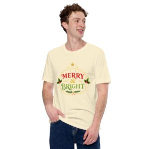 Merry & Bright Christmas T-Shirt – Festive Holiday Graphic Tee | Vintage Xmas Typography Shirt (Unisex)