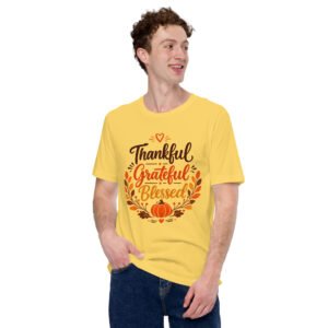 Thankful Grateful Blessed T-Shirt – Thanksgiving Fall Graphic Tee | Autumn Pumpkin & Leaves Shirt (Unisex)